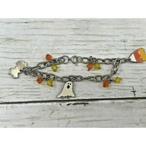 Vintage Halloween Bangle Charm Beaded Bracelet Metal Chain Candy Corn Bat Ghost